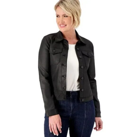 NYDJ Black Coated Denim Trucker Jacket with Slanted Seams S Could fit M - Picture 4 of 15